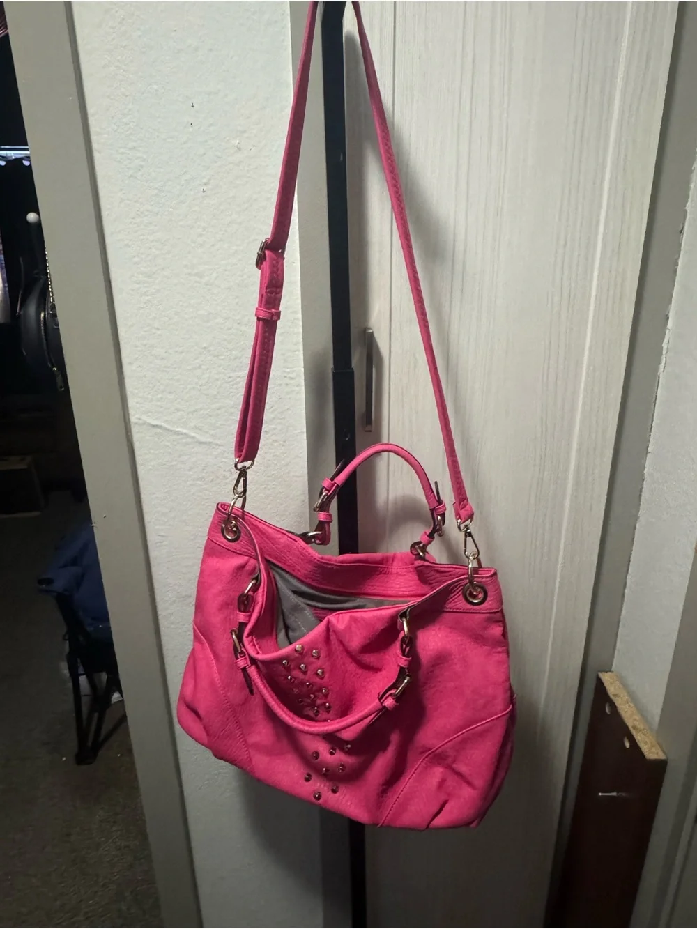 Hot Pink Studded Hobo Shoulder Bag
